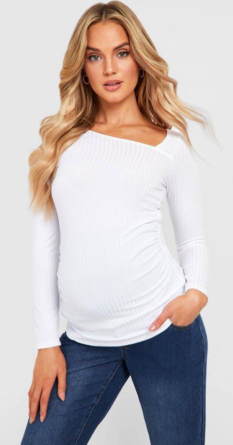 boohoo Zwangerschap Geribbelde Asymmetrische Top Met Lange Mouwen, White