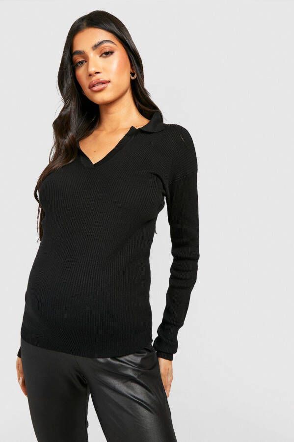 boohoo Zwangerschap Geribbelde Gebreide Top Met Kraag, Black