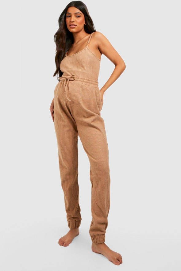 boohoo Zwangerschap Geribbelde Loungewear Set Met Voedings Hemdje, Mocha
