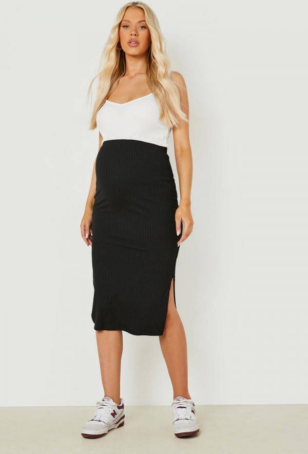 boohoo Zwangerschap Geribbelde Midi Rok Met Split, Black