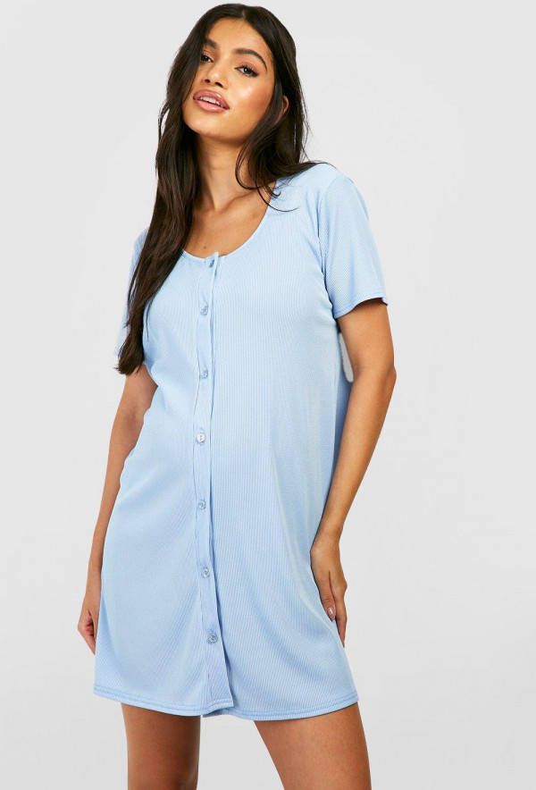 boohoo Zwangerschap Geribbelde Nachtjapon Met Knopen, Baby Blue