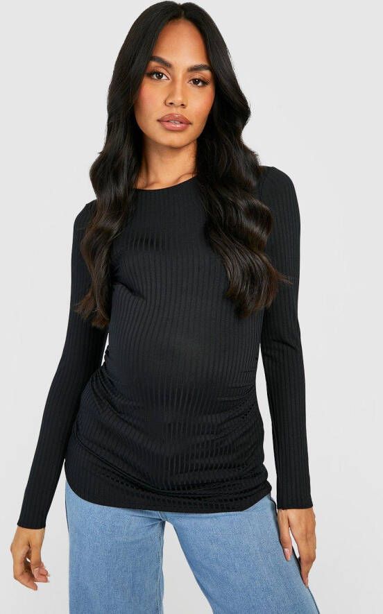 boohoo Zwangerschap Geribbelde Top Met Lage Ronde Hals En Lange Mouwen, Black