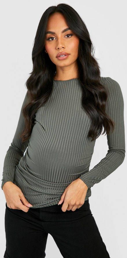 boohoo Zwangerschap Geribbelde Top Met Lage Ronde Hals En Lange Mouwen, Khaki