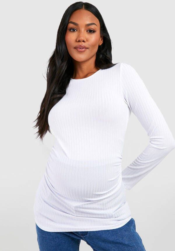 boohoo Zwangerschap Geribbelde Top Met Lage Ronde Hals En Lange Mouwen, White