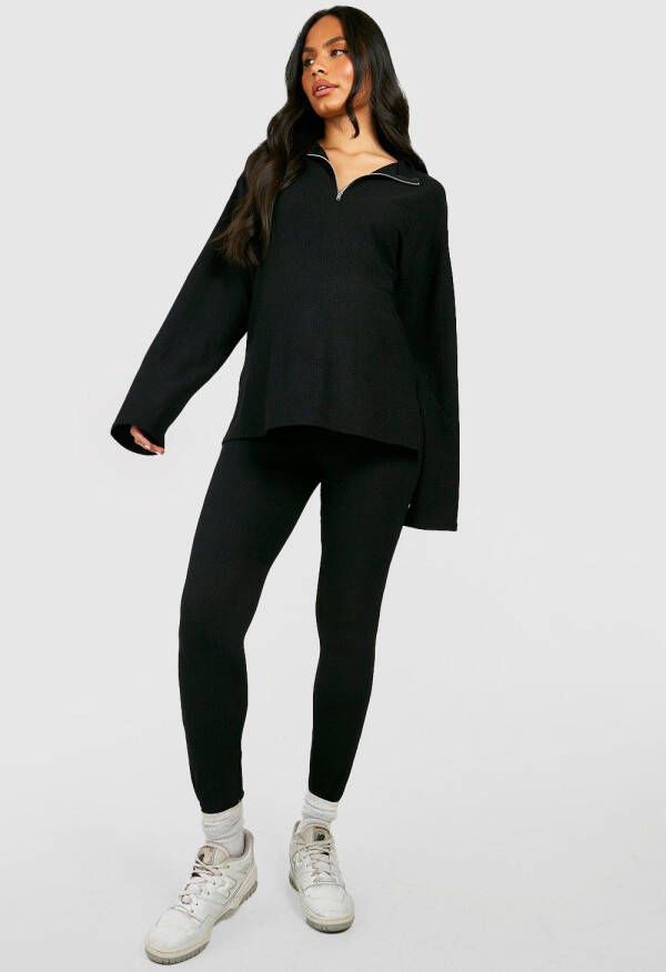 boohoo Zwangerschap Geribbelde Top Met Textuur En Korte Rits En Leggings Set, Black