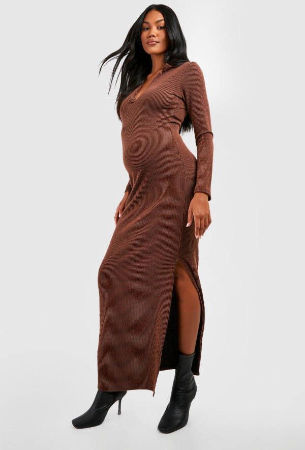 boohoo Zwangerschap Geribbelde Two Tone Maxi Jurk Met Kraag, Chocolate