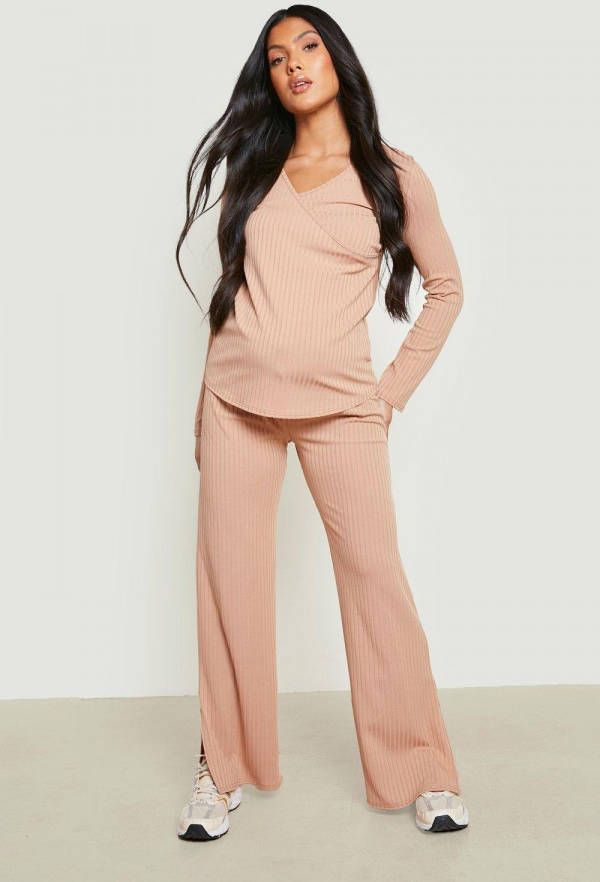 boohoo Zwangerschap Geribbelde Voedings Lounge Set, Taupe
