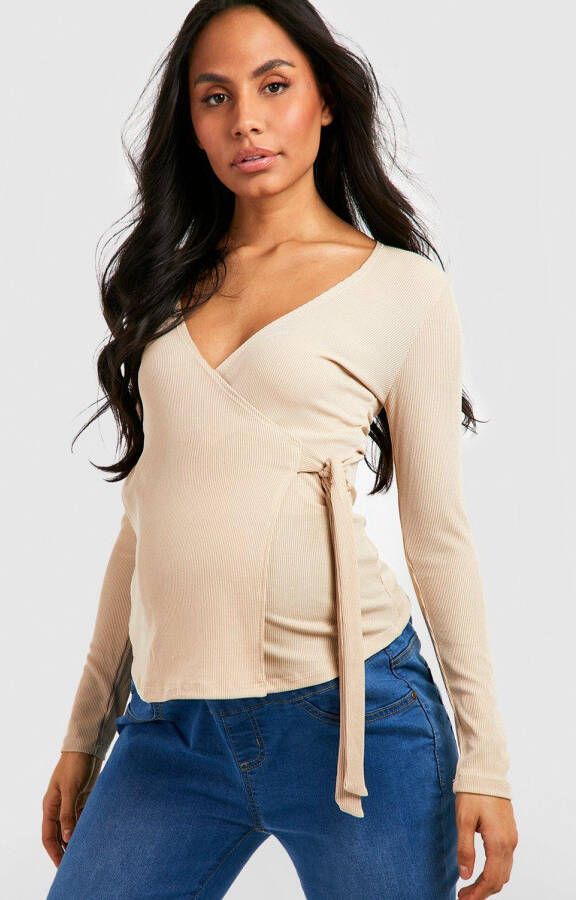 boohoo Zwangerschap Geribbelde Voedings Wikkeltop, Stone