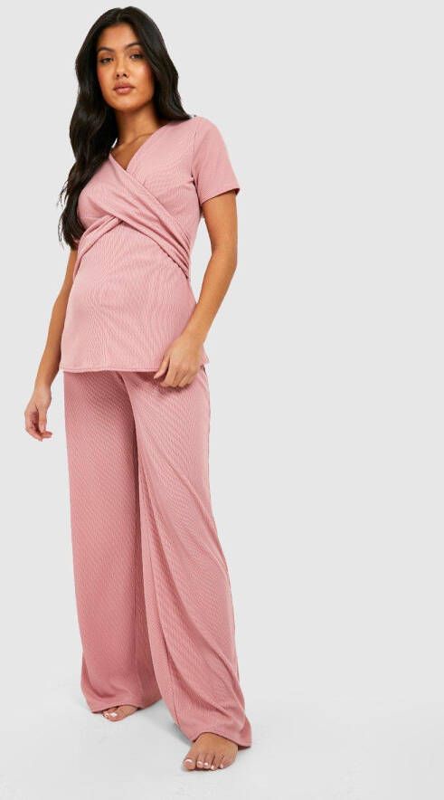 boohoo Zwangerschap Geribbelde Wikkel Voedings Pyjama Set Met Broek, Rose