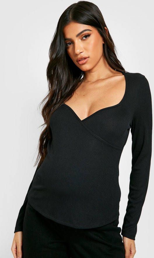 boohoo Zwangerschap Geribbelde Wikkeltop Met Harvormige Hals, Black