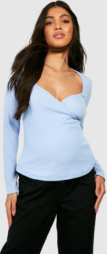 boohoo Zwangerschap Geribbelde Wikkeltop Met Harvormige Hals, Blue