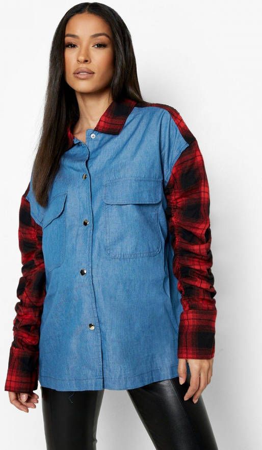 boohoo Zwangerschap Geruite Spijkerblouse Met Geplooide Mouwen, Mid Blue