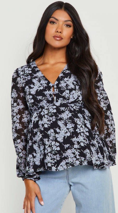 boohoo Zwangerschap Gesmokte Bloemen Top Met Knopen, Black