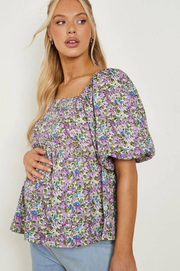 boohoo Zwangerschap Gesmokte Bloemen Top Met Pofmouwen, Purple