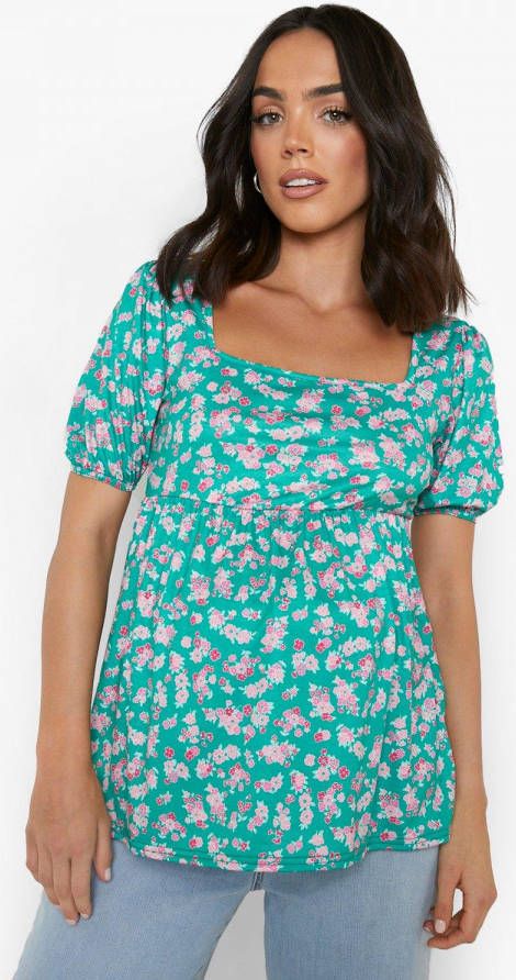 boohoo Zwangerschap Gesmokte Bloemen Top Met Vierkante Hals, Green