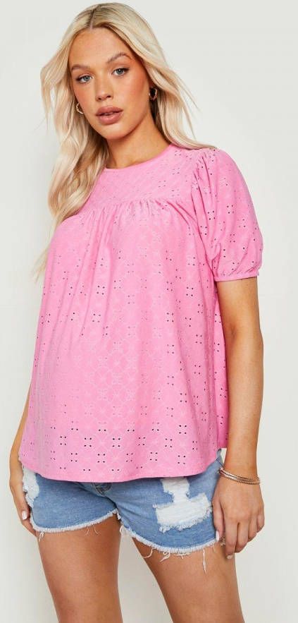 boohoo Zwangerschap Gesmokte Broderie Top, Pink