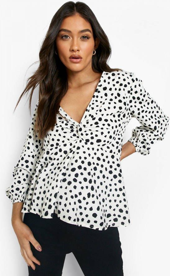 boohoo Zwangerschap Gesmokte Gedraaide Met Stippen En Lange Mouwen, White