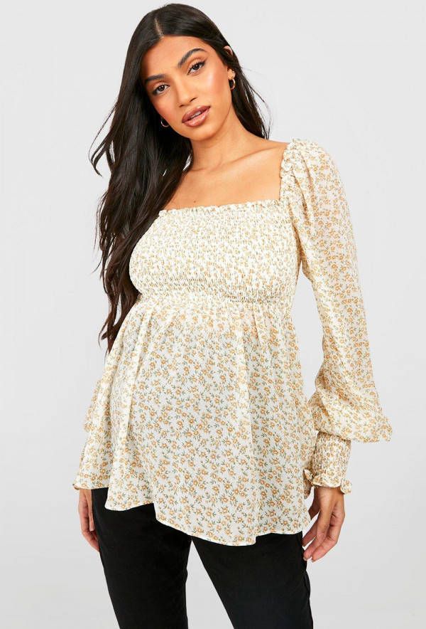 boohoo Zwangerschap Gesmokte Geplooide Bloemen Top, Yellow