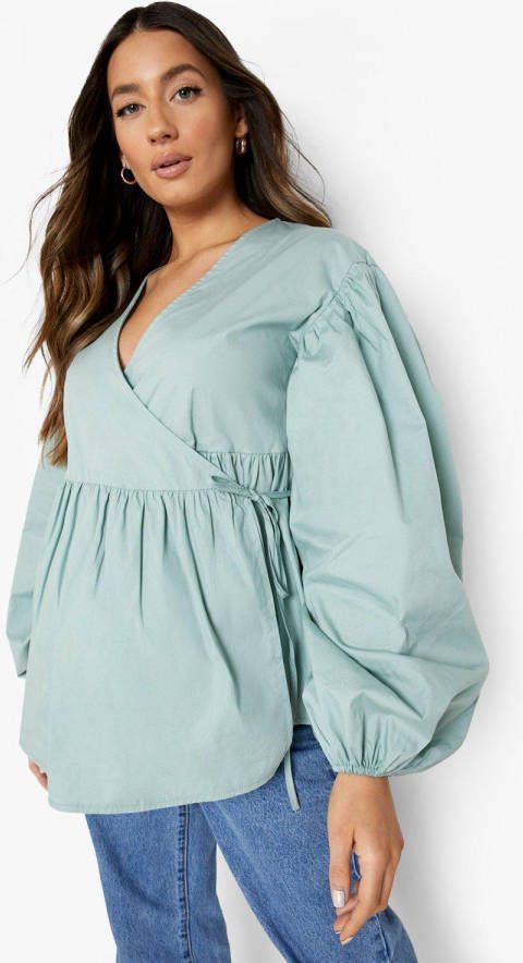 boohoo Zwangerschap Gesmokte Poplin Wikkeltop, Sage