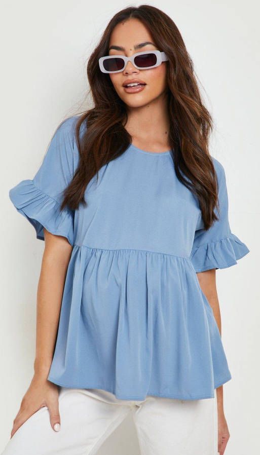 boohoo Zwangerschap Gesmokte Top Met Franjes En Gekruiste Rug, Blue