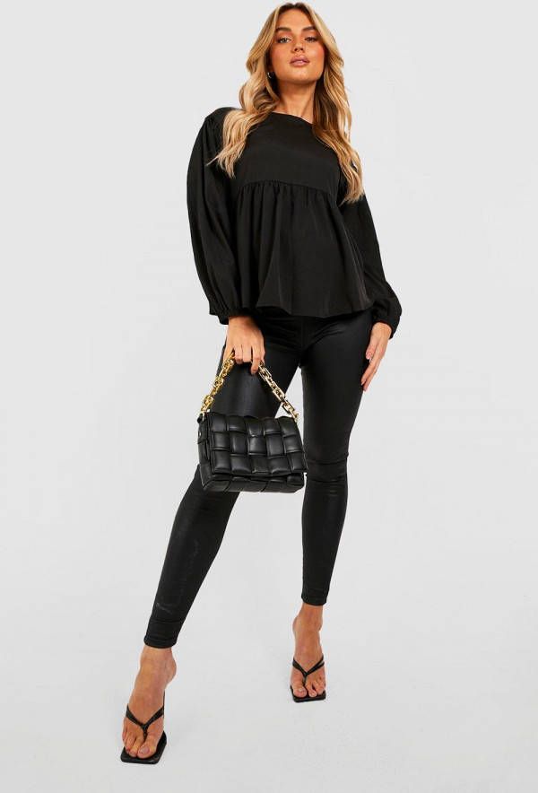 boohoo Zwangerschap Gesmokte Top Met Pofmouwen En Gekruiste Rug, Black