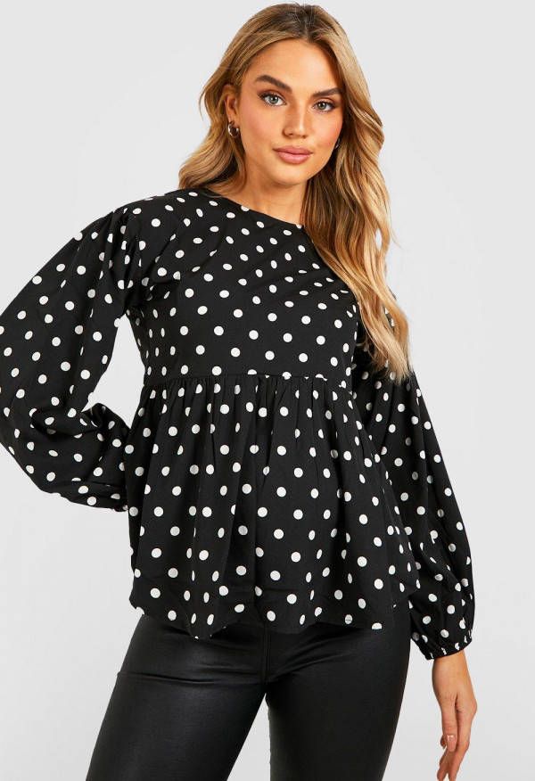 boohoo Zwangerschap Gesmokte Top Met Stippen, Pofmouwen En Gekruiste Rug, Black