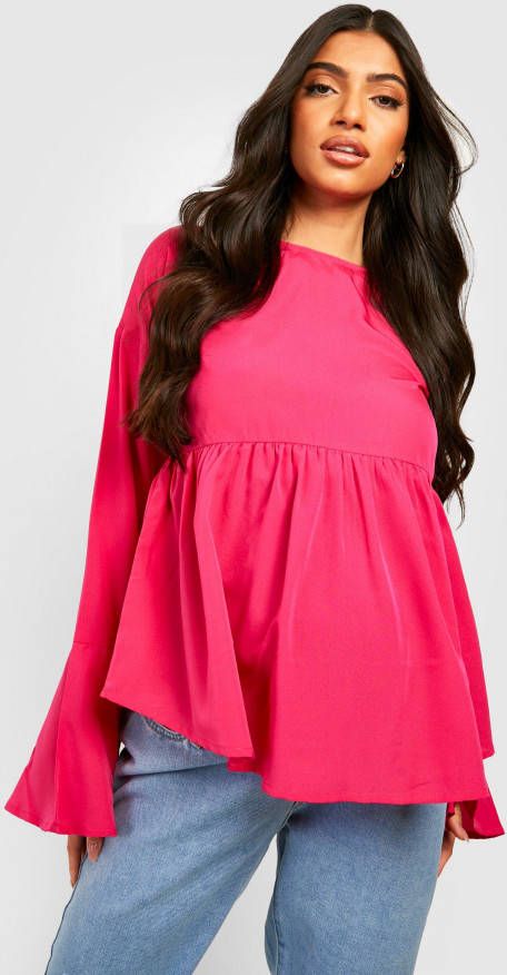 boohoo Zwangerschap Gesmokte Top Met Wijde Mouwen En Gekruiste Rug, Hot Pink