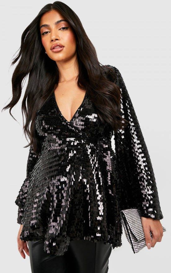 boohoo Zwangerschap Glitter Wikkeltop Met Pailletten En Wijde Mouwen, Black