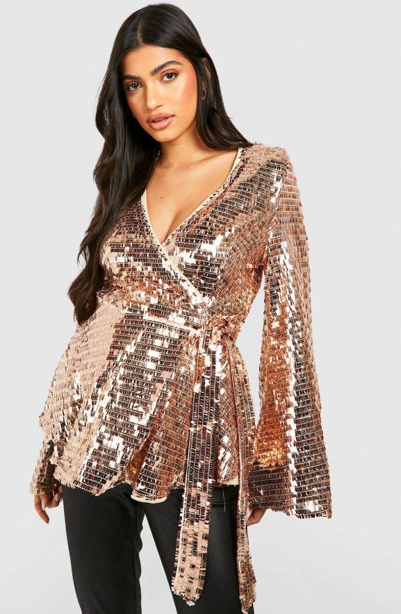 boohoo Zwangerschap Glitter Wikkeltop Met Pailletten En Wijde Mouwen, Light Bronze