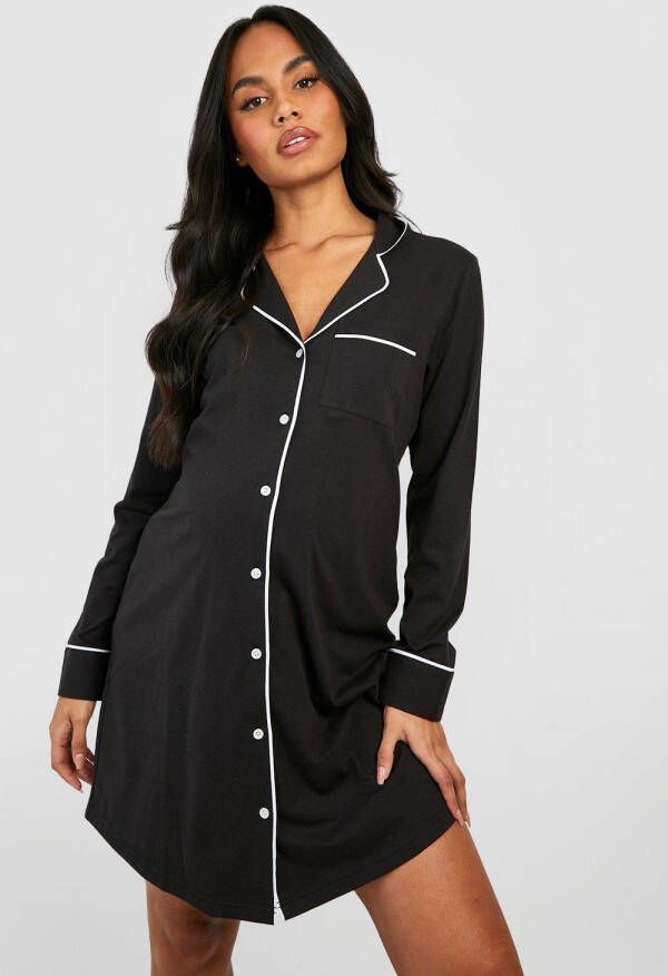 boohoo Zwangerschap Jersey Nachtjapon Met Biezen En Knopen, Black
