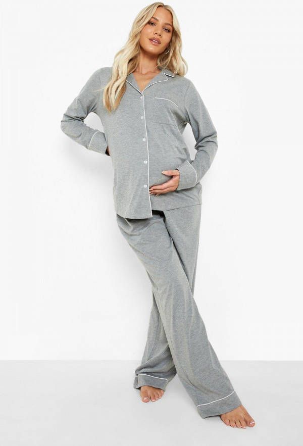 boohoo Zwangerschap Jersey Pyjama Set Met Broek En Knopen, Grey Marl