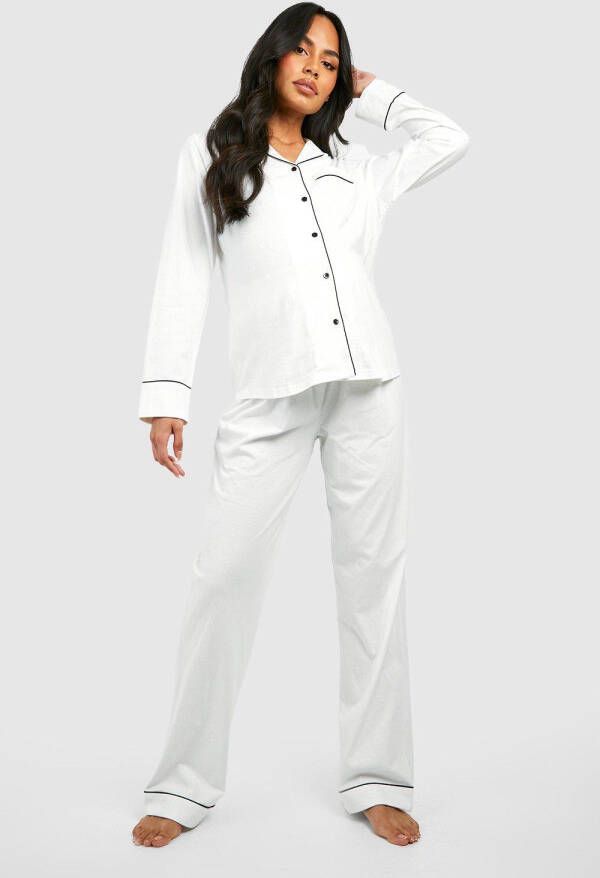 boohoo Zwangerschap Jersey Pyjama Set Met Broek Met Biezen En Knopen, Ivory