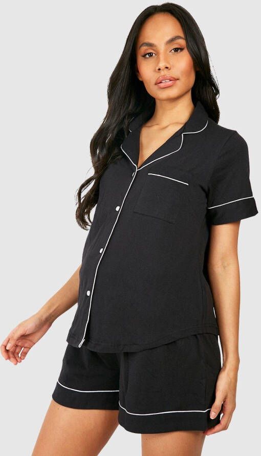 boohoo Zwangerschap Jersey Pyjama Set Met Shorts, Biezen En Knopen, Black