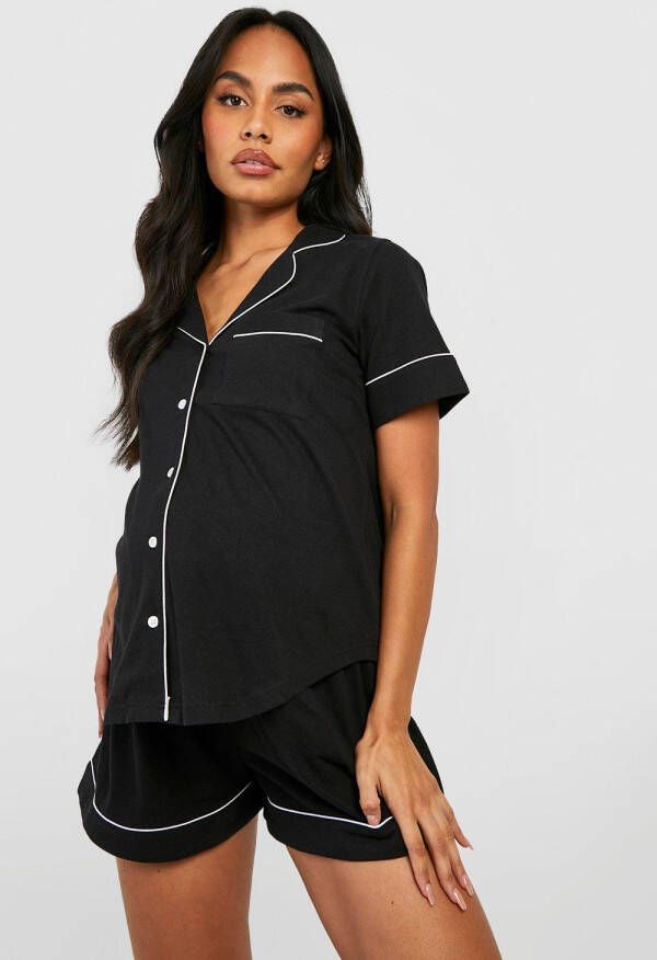 boohoo Zwangerschap Jersey Pyjama Set Met Shorts, Biezen En Knopen, Black