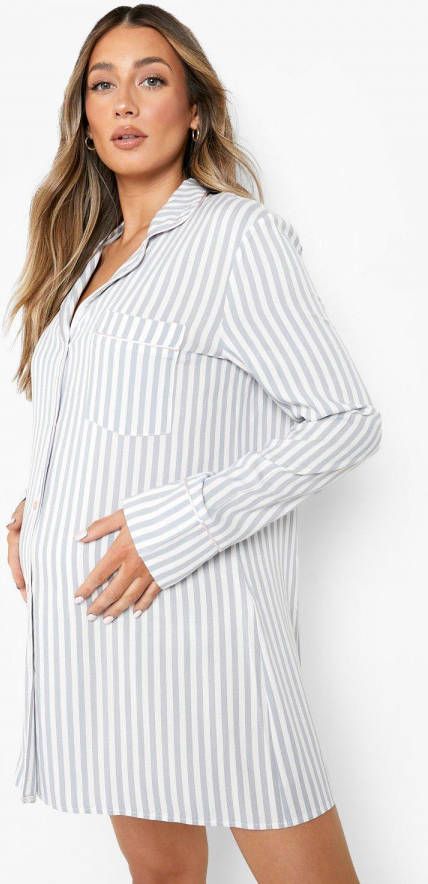 boohoo Zwangerschap Katoenen Gestreepte Pyjama Blouse, Blue