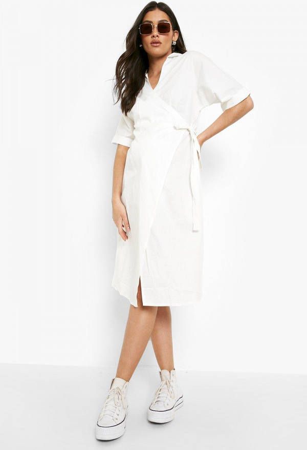 boohoo Zwangerschap Katoenen Wikkel Midi Blouse Jurk, White