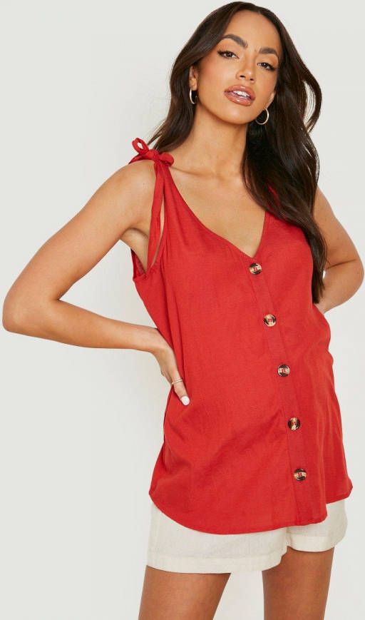 boohoo Zwangerschap Linnen Hemdje Met Knopen En Ceintuur, Red