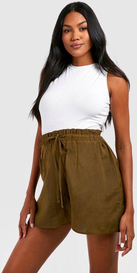 boohoo Zwangerschap Linnen Shorts Met Touwtjes, Khaki