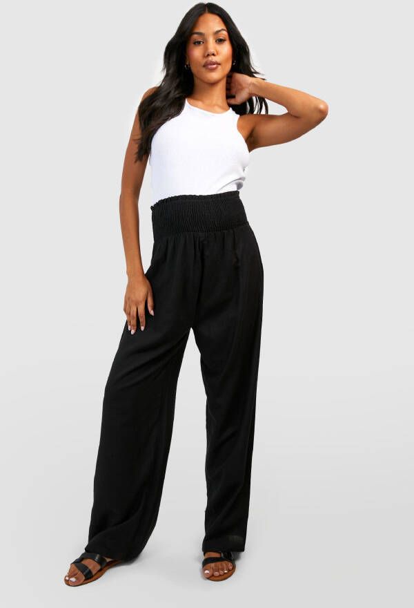 boohoo Zwangerschap Linnen Wide Leg Broek Met Geplooide Taille, Black