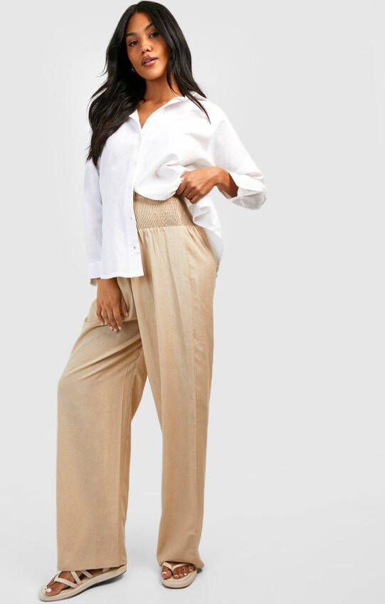 boohoo Zwangerschap Linnen Wide Leg Broek Met Geplooide Taille, Stone