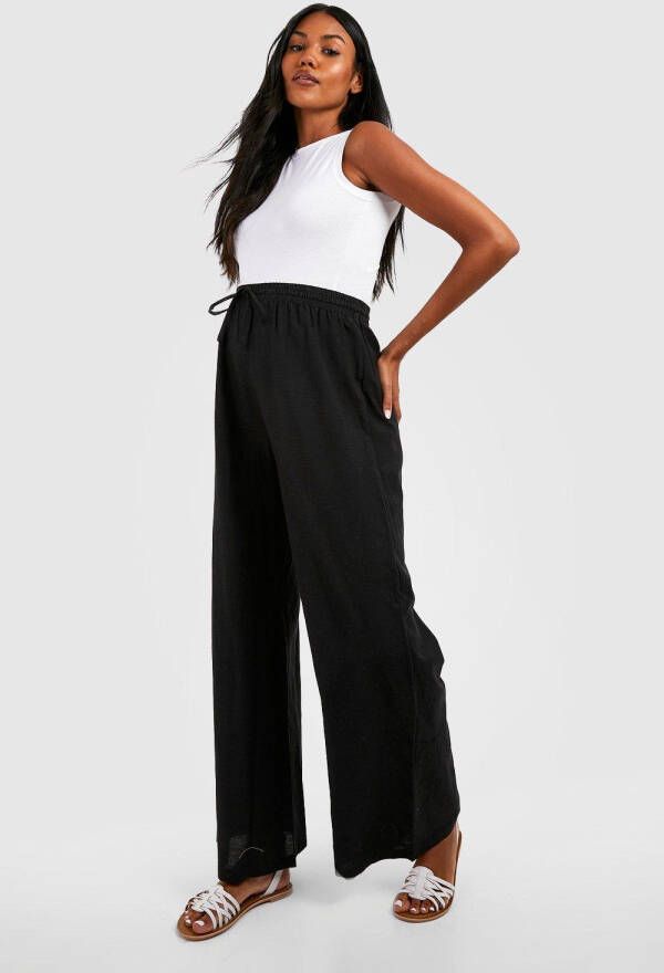 boohoo Zwangerschap Linnen Wide Leg Broek Met Touwtjes, Black