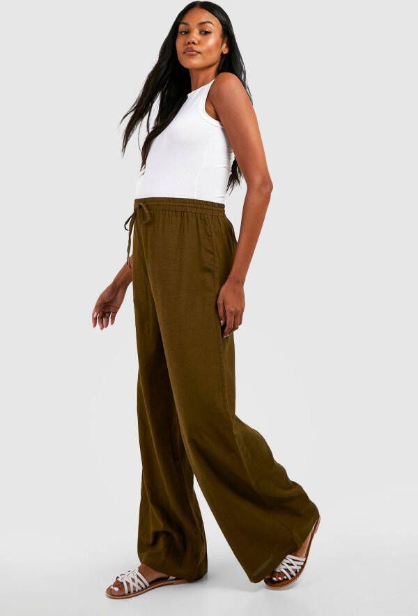 boohoo Zwangerschap Linnen Wide Leg Broek Met Touwtjes, Khaki