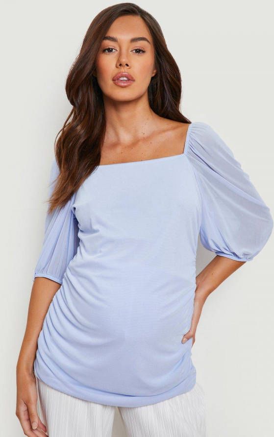 boohoo Zwangerschap Mesh Top Met Pofmouwen, Baby Blue