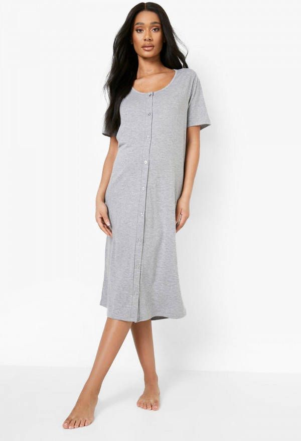 boohoo Zwangerschap Midi Nachtjapon Met Knopen, Grey Marl
