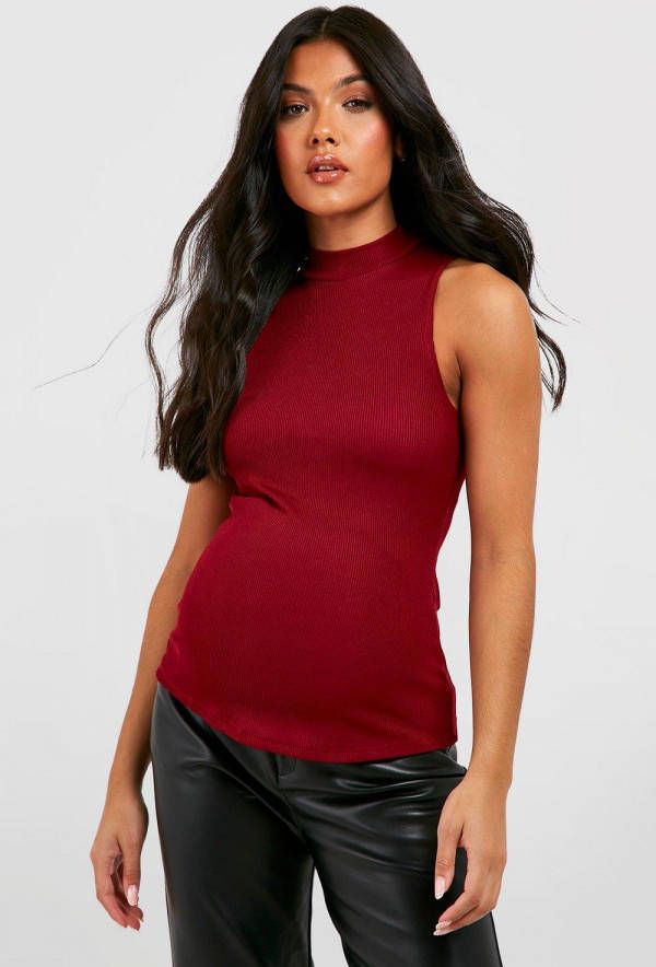 boohoo Zwangerschap Mouwloze Geribbelde Top Met Hoge Kraag, Berry
