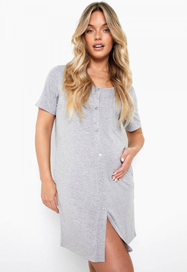 boohoo Zwangerschap Nachtjapon Met Knopen En Zijzakken, Grey Marl