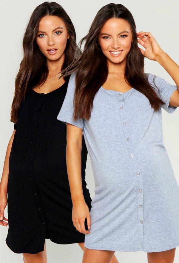 boohoo Zwangerschap Nachtjapons Met Knopen(2 Stuks ), Black