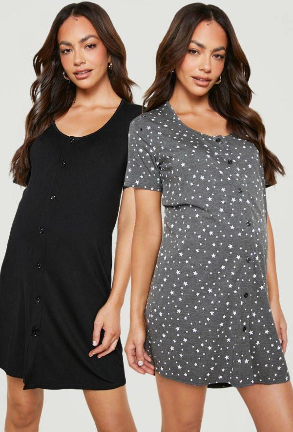 boohoo Zwangerschap Nachtjapons Met Sterren Knopen(2 Stuks ), Black