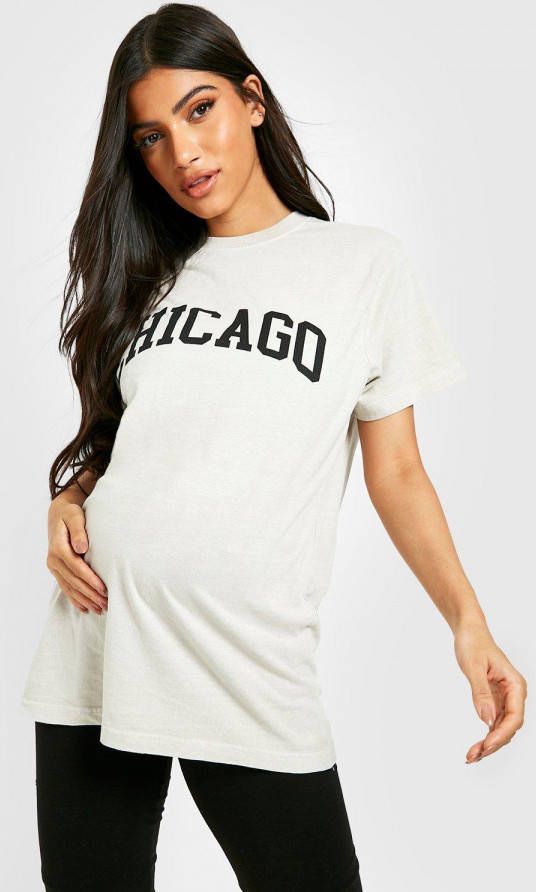 boohoo Zwangerschap Oversized Gebleekt Chicago T Shirt, Stone