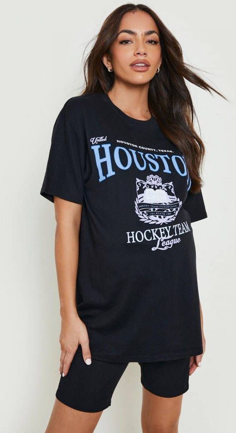 boohoo Zwangerschap Oversized Houston T Shirt Met Print, Black